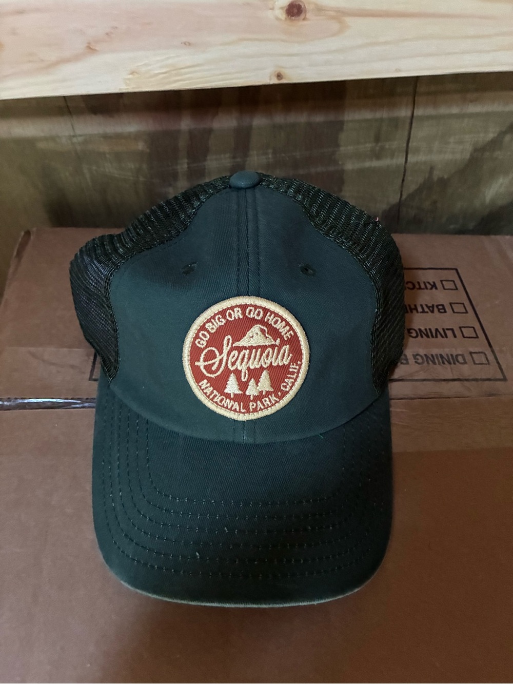 American Needle Dark Green and Red Sequoia Patch Trucker Hat